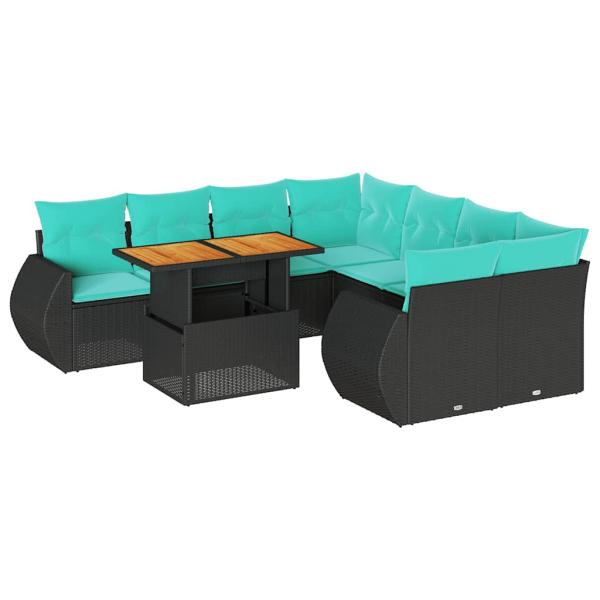 9-tlg. Garten-Sofagarnitur mit Kissen Schwarz Poly Rattan