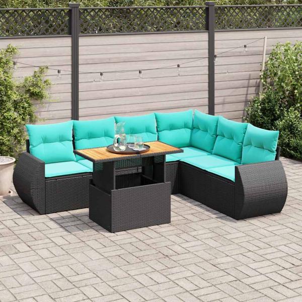 ARDEBO.de - 7-tlg. Garten-Sofagarnitur mit Kissen Schwarz Poly Rattan
