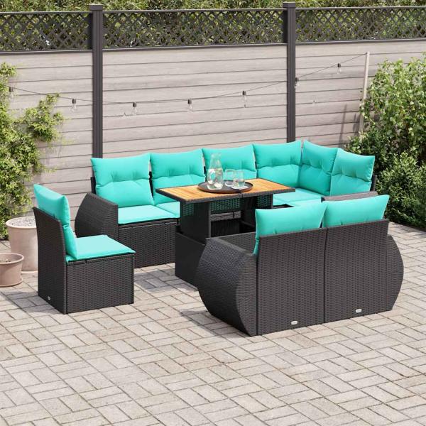 ARDEBO.de - 9-tlg. Garten-Sofagarnitur mit Kissen Schwarz Poly Rattan