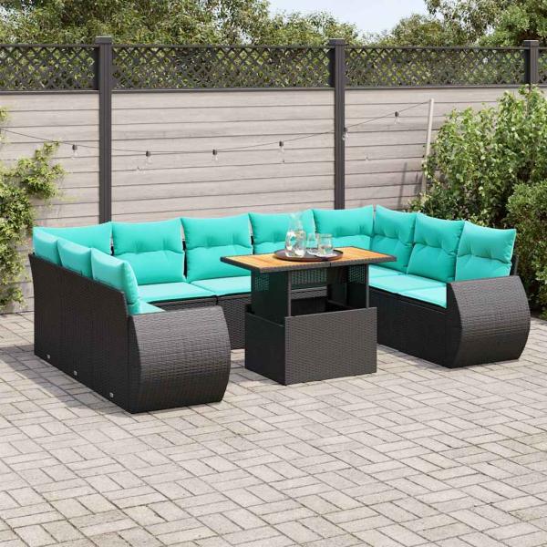 ARDEBO.de - 10-tlg. Garten-Sofagarnitur mit Kissen Schwarz Poly Rattan