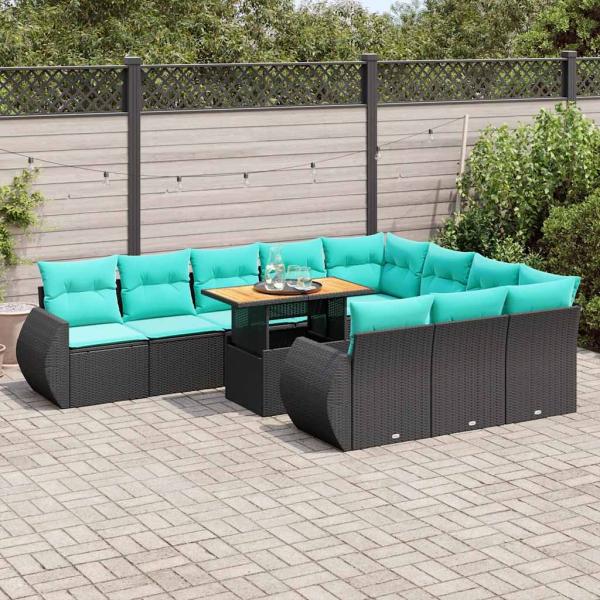 ARDEBO.de - 11-tlg. Garten-Sofagarnitur mit Kissen Schwarz Poly Rattan