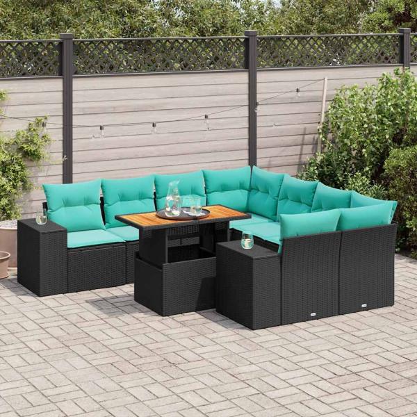 ARDEBO.de - 9-tlg. Garten-Sofagarnitur mit Kissen Schwarz Poly Rattan