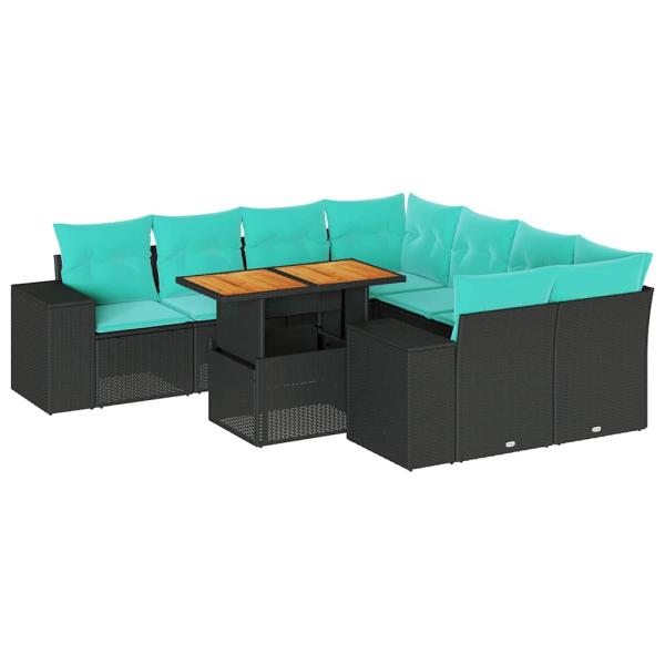 9-tlg. Garten-Sofagarnitur mit Kissen Schwarz Poly Rattan