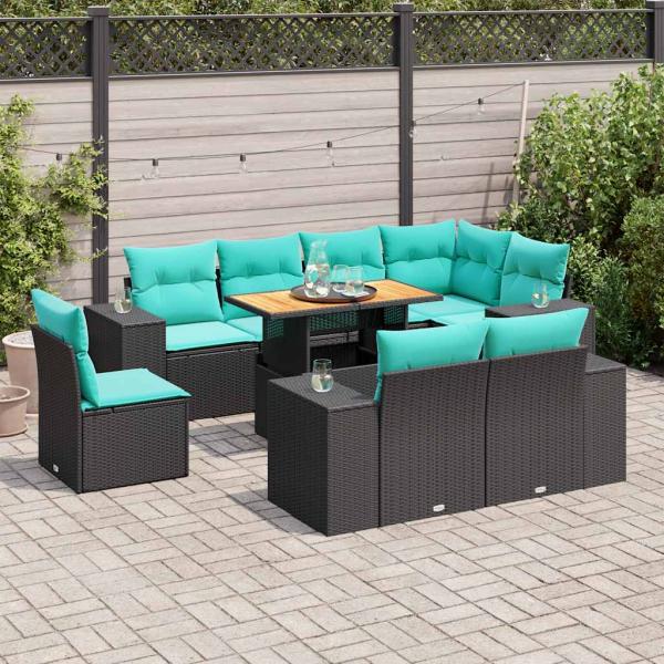 ARDEBO.de - 9-tlg. Garten-Sofagarnitur mit Kissen Schwarz Poly Rattan