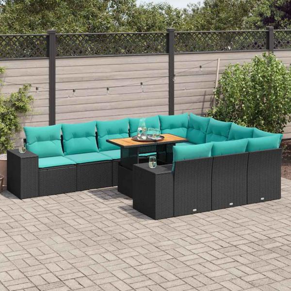 ARDEBO.de - 11-tlg. Garten-Sofagarnitur mit Kissen Schwarz Poly Rattan