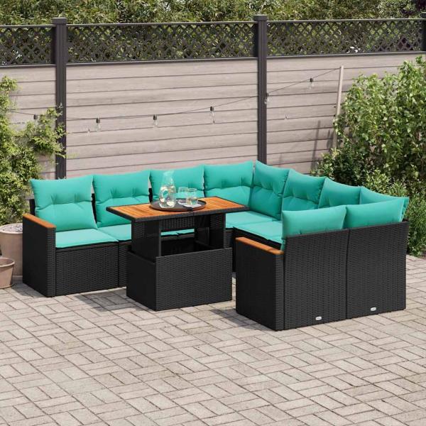 ARDEBO.de - 9-tlg. Garten-Sofagarnitur mit Kissen Schwarz Poly Rattan