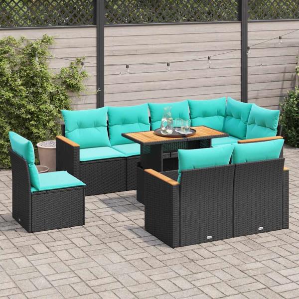 ARDEBO.de - 9-tlg. Garten-Sofagarnitur mit Kissen Schwarz Poly Rattan
