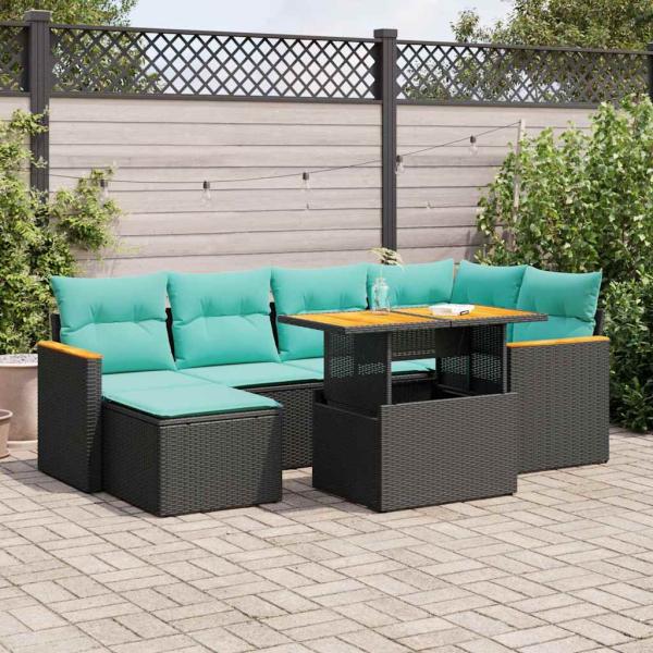 ARDEBO.de - 7-tlg. Garten-Sofagarnitur mit Kissen Schwarz Poly Rattan