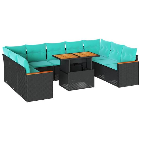 10-tlg. Garten-Sofagarnitur mit Kissen Schwarz Poly Rattan