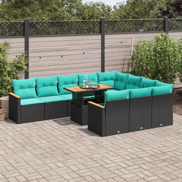 ARDEBO.de - 11-tlg. Garten-Sofagarnitur mit Kissen Schwarz Poly Rattan