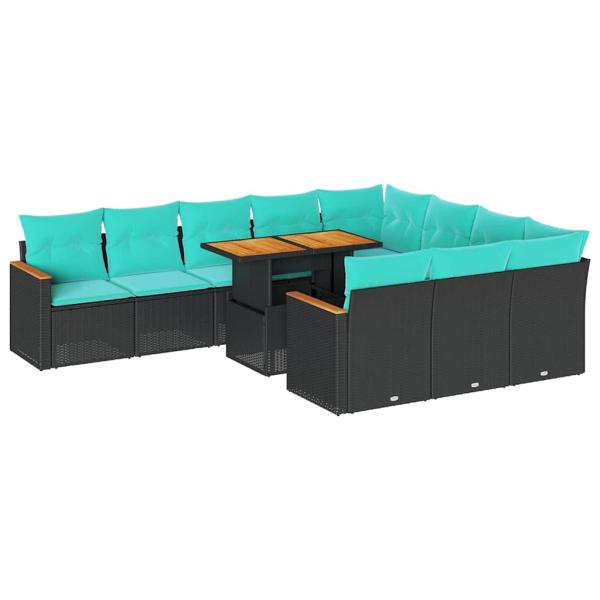 11-tlg. Garten-Sofagarnitur mit Kissen Schwarz Poly Rattan