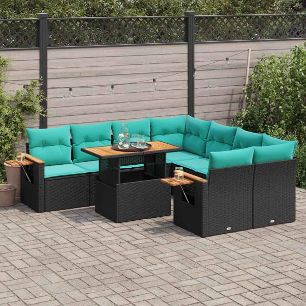 ARDEBO.de - 9-tlg. Garten-Sofagarnitur mit Kissen Schwarz Poly Rattan