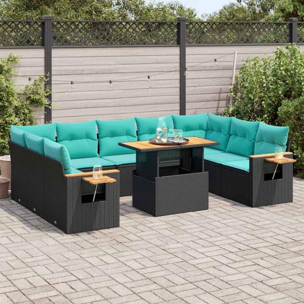 ARDEBO.de - 10-tlg. Garten-Sofagarnitur mit Kissen Schwarz Poly Rattan