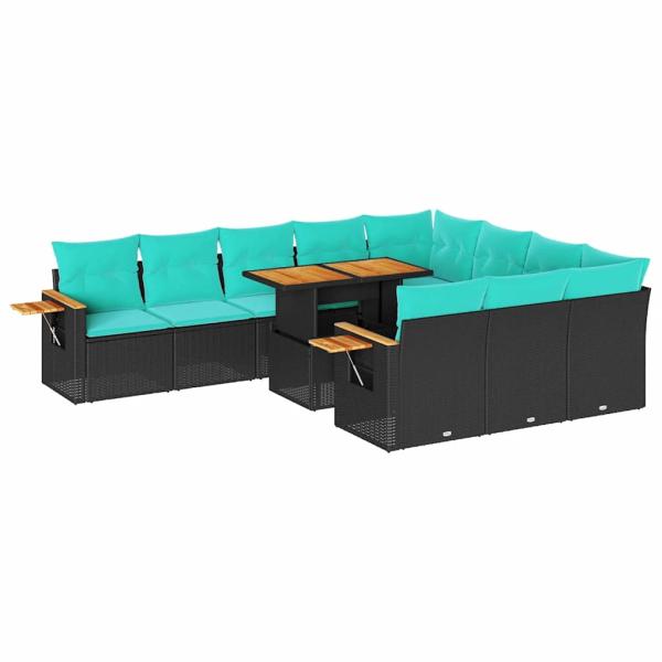 11-tlg. Garten-Sofagarnitur mit Kissen Schwarz Poly Rattan