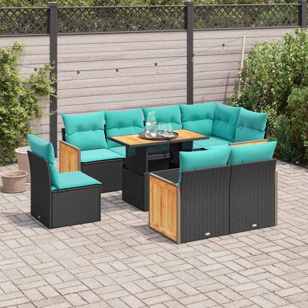 ARDEBO.de - 9-tlg. Garten-Sofagarnitur mit Kissen Schwarz Poly Rattan
