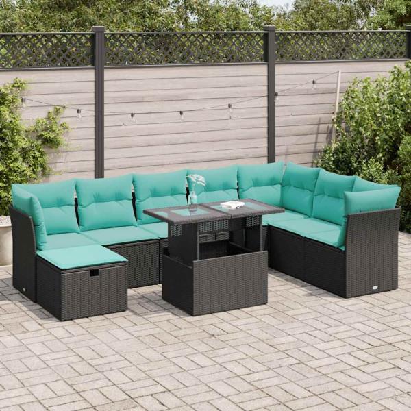 ARDEBO.de - 9-tlg. Garten-Sofagarnitur mit Kissen Schwarz Poly Rattan