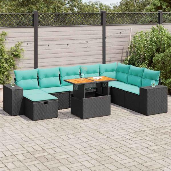 ARDEBO.de - 9-tlg. Garten-Sofagarnitur mit Kissen Schwarz Poly Rattan