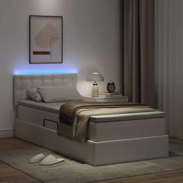 Bett mit Stauraum und LED Reinweiß 90 x 190 cm Kunstleder