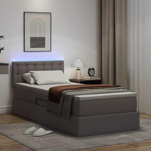 Bett mit Stauraum und LED mit LED Grau 90 x 190 cm Kunstleder