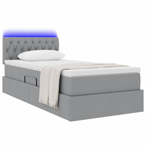 Bett mit Stauraum und LED mit LED Hellgrau 90 x 200 cm Stoff