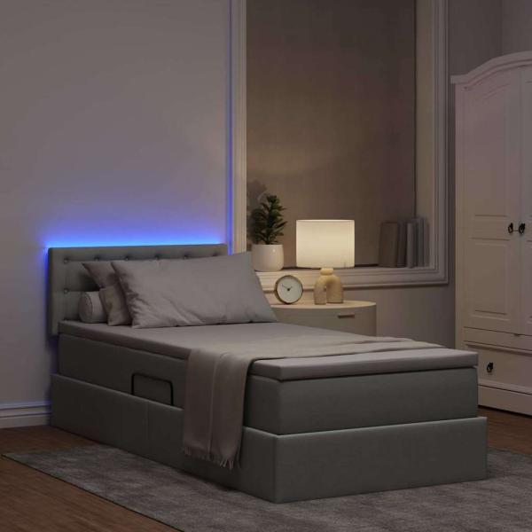 Bett mit Stauraum und LED mit LED Hellgrau 90 x 200 cm Stoff