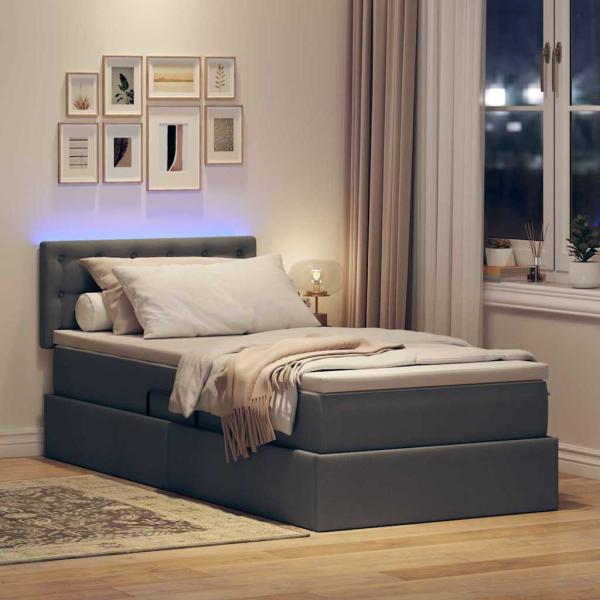 ARDEBO.de - Bett mit Stauraum und LED mit LED Dunkelgrau 90 x 200 cm Stoff