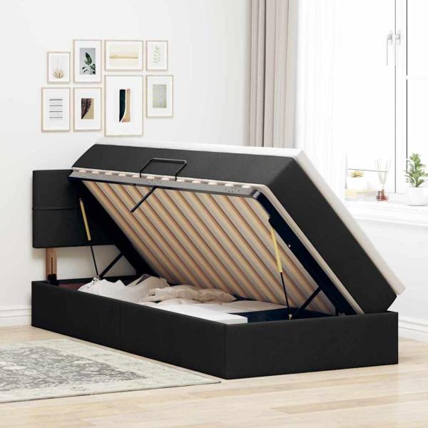 Bett mit Stauraum und LED mit LED Schwarz 90 x 190 cm Stoff