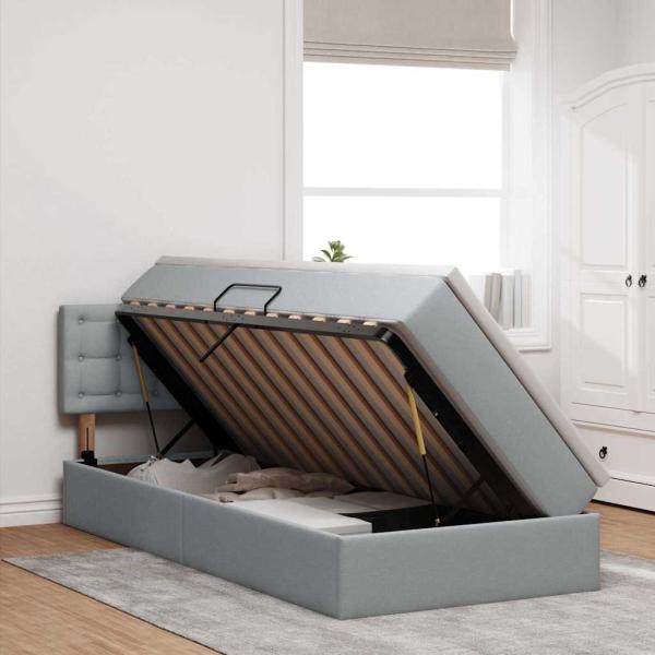 Bett mit Stauraum und LED mit LED Hellgrau 90 x 190 cm Stoff