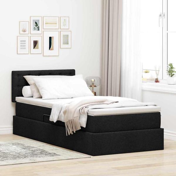 ARDEBO.de - Bett mit Stauraum und LED mit LED Schwarz 90 x 190 cm Stoff