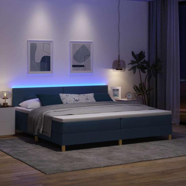 LED Boxspringbett mit Matratze mit LED Blau 200 x 200 cm Stoff