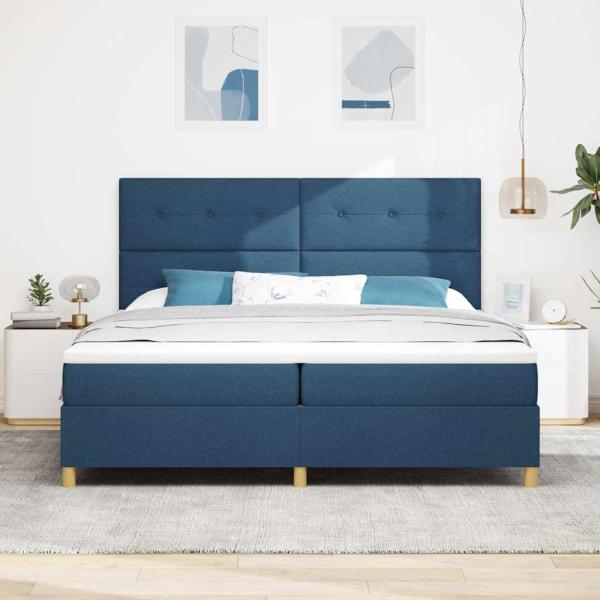LED Boxspringbett mit Matratze Blau 200 x 200 cm Stoff