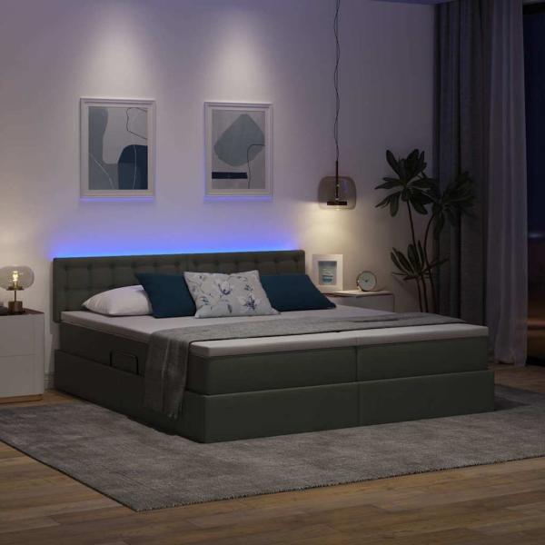 Bett mit LED-Lichtleisten Dunkelgrau 200 x 200 cm Stoff