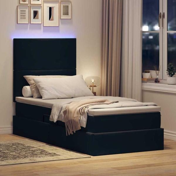 LED-Speicherbett mit Matratze Schwarz 90 x 190 cm Samt