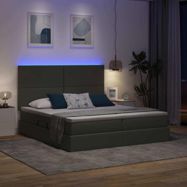 Bett mit LED-Lichtleisten Dunkelgrau 200 x 200 cm Stoff