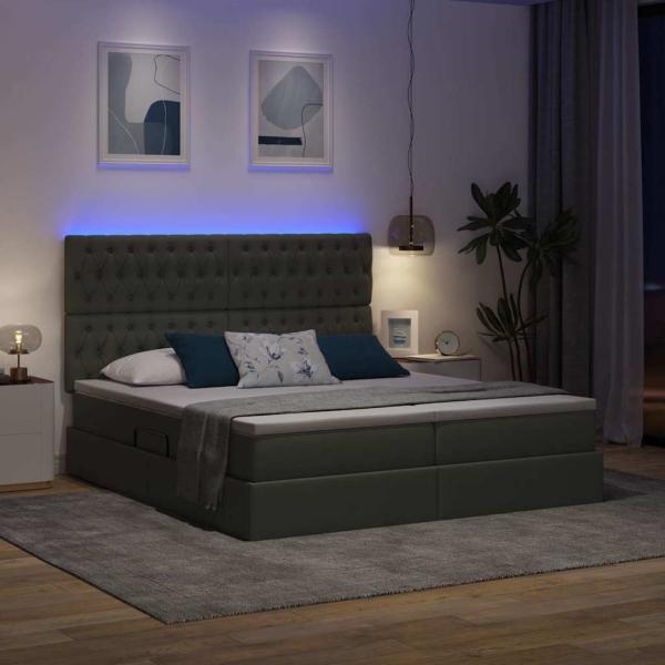 Bett mit LED-Lichtleisten Dunkelgrau 200 x 200 cm Stoff