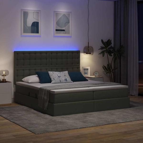 Bett mit LED-Lichtleisten Dunkelgrau 200 x 200 cm Stoff