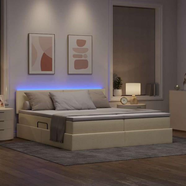 Bett mit LED-Lichtleisten mit Kopfteil Creme 180 x 200 cm Stoff