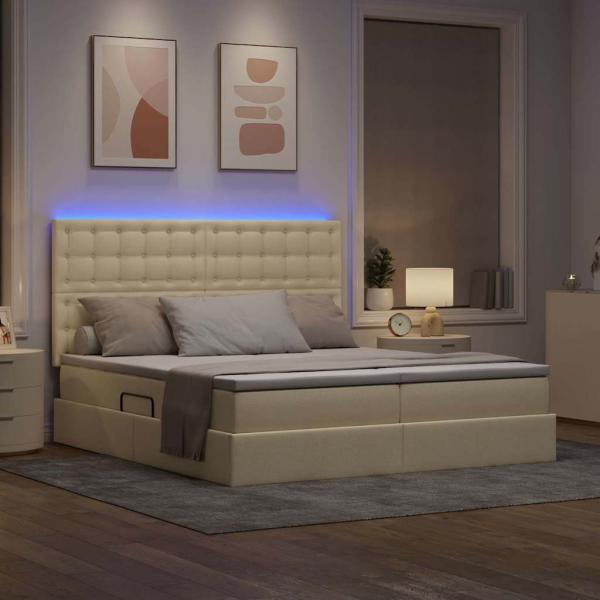 Bett mit LED-Lichtleisten mit Kopfteil Creme 180 x 200 cm Stoff
