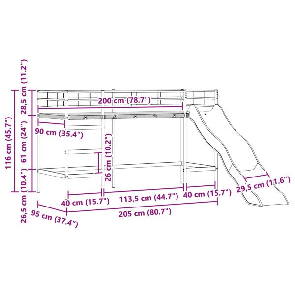 Kinder-Loftbett mit Rutsche Weiß und Anthrazit 90 x 200 cm