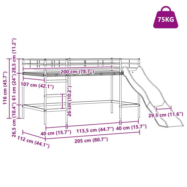 Kinder-Loftbett mit Rutsche Weiß und Anthrazit 107 x 200 cm