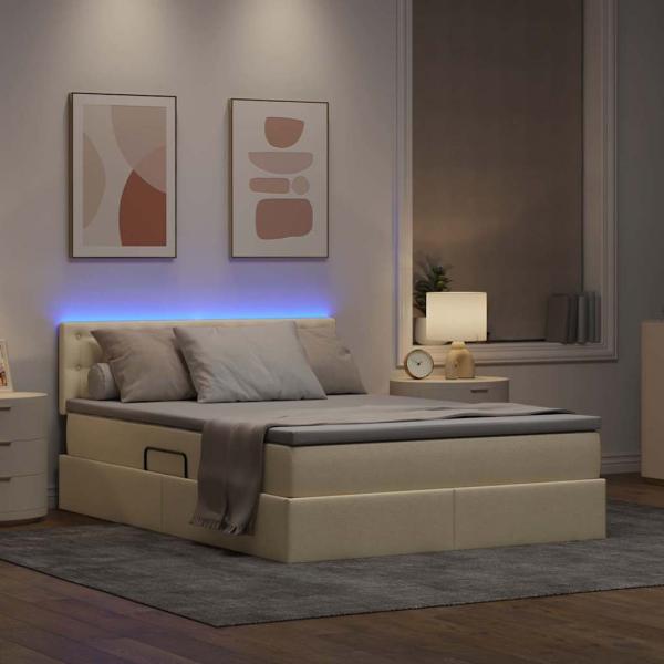 Bett mit Stauraum und LED mit Matratze Creme 140 x 200 cm Stoff