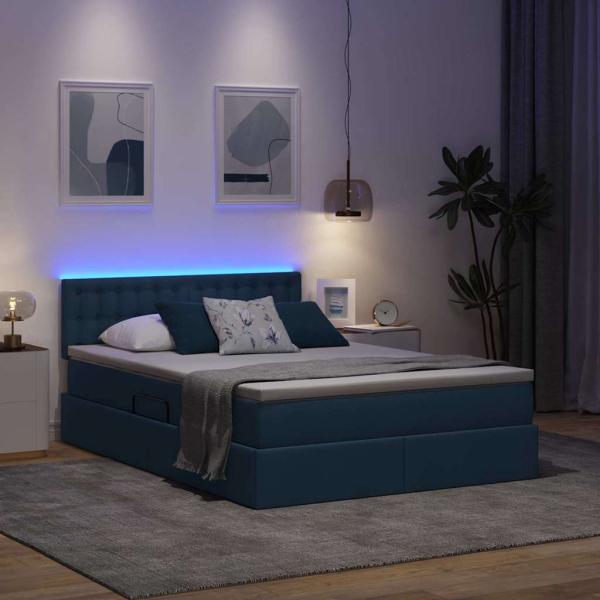Bett mit Stauraum und LED mit Matratze Blau 140 x 200 cm Stoff
