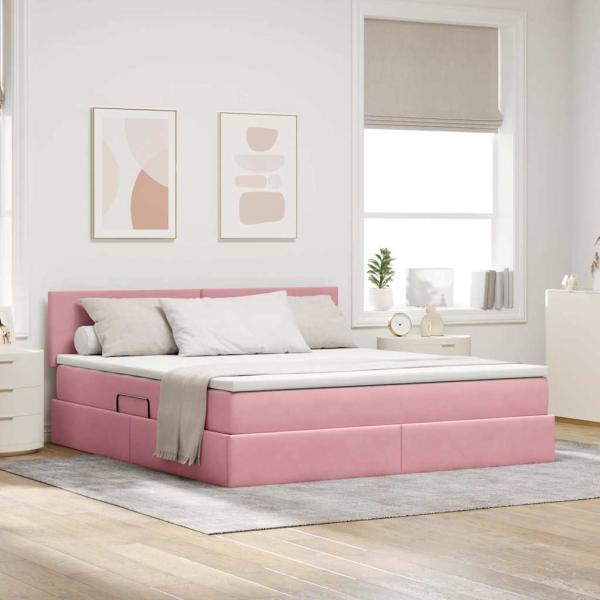 ARDEBO.de - Bett mit Stauraum und LED mit Matratze Rosa 180 x 200 cm Samt
