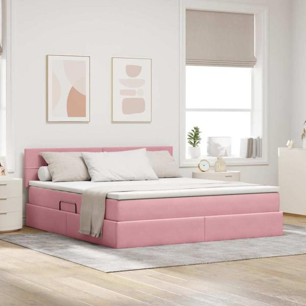 ARDEBO.de - Bett mit Stauraum und LED mit Matratze Rosa 180 x 200 cm Samt