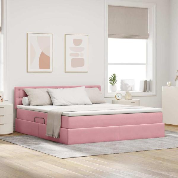 ARDEBO.de - Bett mit Stauraum und LED mit Matratze Rosa 180 x 200 cm Samt