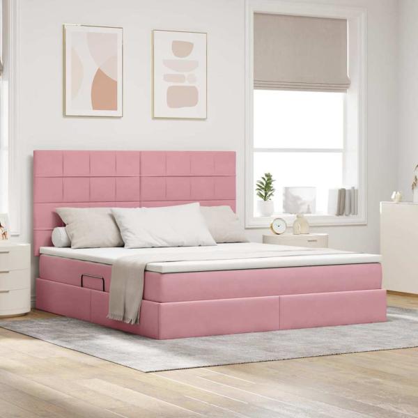 ARDEBO.de - Bett mit Stauraum und LED mit Matratze Rosa 180 x 200 cm Samt