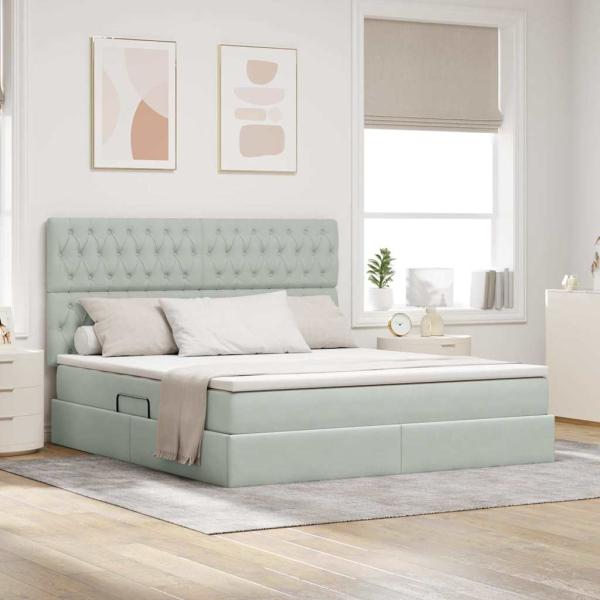 ARDEBO.de - Bett mit Stauraum und LED mit LED Hellgrau 160 x 200 cm Samt