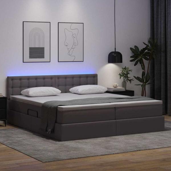Bett mit Stauraum und LED mit LED Grau 200 x 200 cm Kunstleder