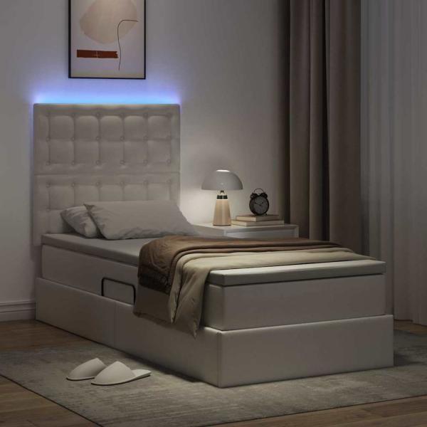 Bett mit Stauraum und LED Reinweiß 100 x 200 cm Kunstleder