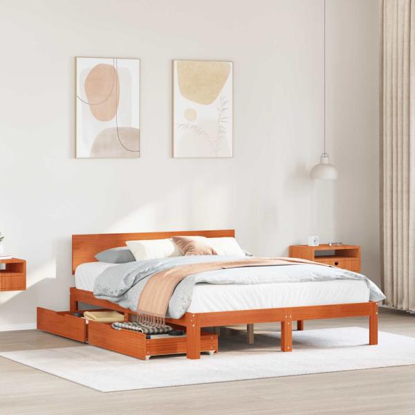 ARDEBO.de - Bettrahmen mit Kopfteil 3 pcs Wachsbraun Massivholz Kiefer